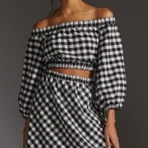 Maeve Anthropologie gingham off shoulder puff sleeve black and white top